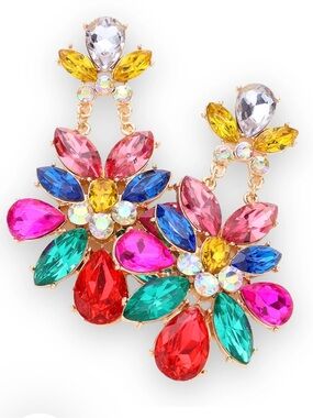 nOir Multicolor Crystal Floral Drop Earrings - Pink, Blue, Green, Red, Yellow